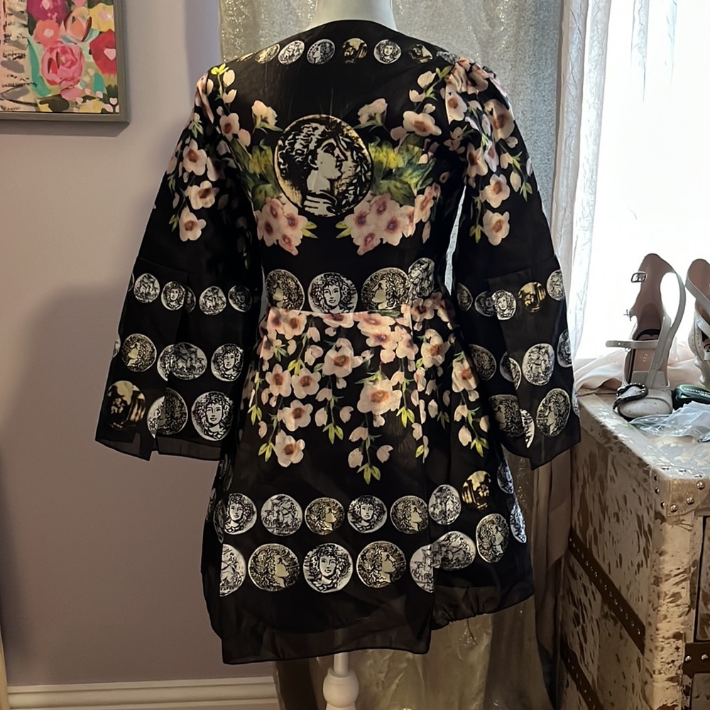Dolce and Gabbana inspired Coin-Print Bell-Sleeve Mini Dress Black - Picture 4 of 5
